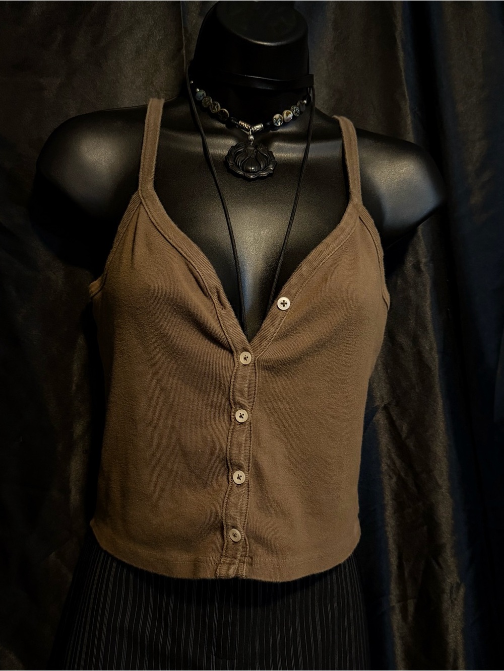 Brown Button-Front V-Neck Camisole Tank Top